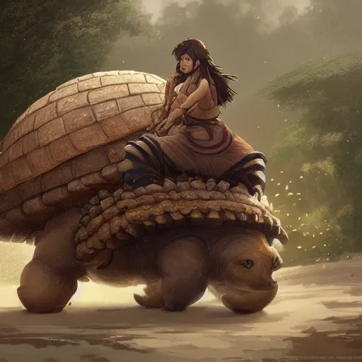 Prompt: yanonami riding a glyptodon, greg rutkowski, fantasy, intricate, elegant, highly detailed, digital painting, artstation, concept art, long shot, cinematic lighting