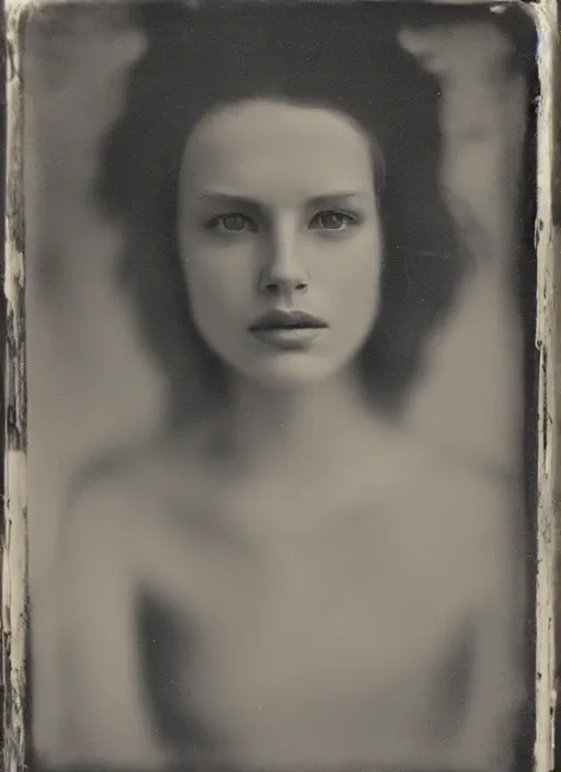 Image similar to portrait of a young women, photo realistic, elegant, award winning photograph, parallax, cinematic lighting, ambrotype wet plate collodion by richard avedon and shane balkowitsch