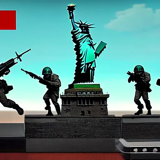 Image similar to The war between the Soviet Union and America, the action takes place in New York, far away against the background of the Statue of Liberty, a lot of soldiers and military equipment, a lot of explosions and tracer bullets, a lot of ruins, a very epic battle, Super quality, HD, super detailed details, Retro futurism art