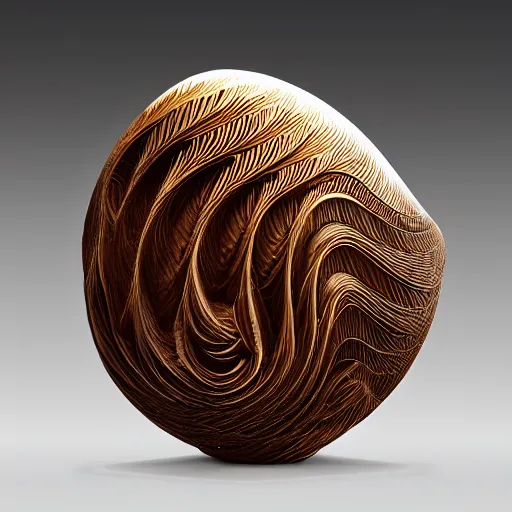 Image similar to a very intricate wood sculpture in the shape and texture of waves, fractal patterns, deep and expressive grain patterns, volumetric lighting, light rays, photorealistic, ultrarealistic, coronarender, 8k