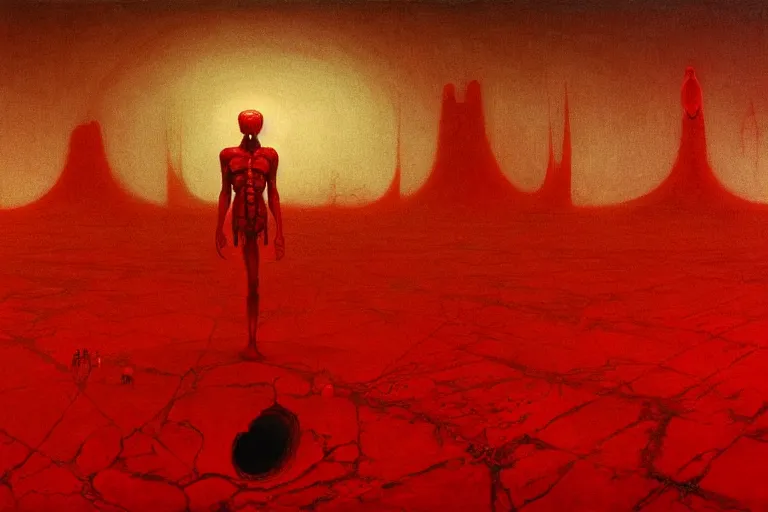 Image similar to only with red, a red god of death eat apple, a futuristic city on mars in background, floor are worms, in the style of beksinski, part by hopper, part by rodcenko, part by hofbauer, intricate composition, red by caravaggio, insanely quality, highly detailed, masterpiece, red light, artstation