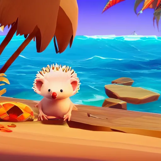 Image similar to hedgehog in a bikini in sea of thieves, hedgehog wearing a bikini, cute, colourful, happy, adorable, funny