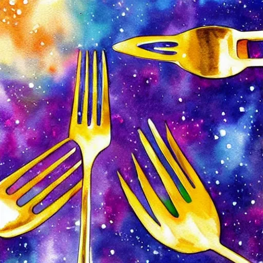 Prompt: plates and forks in space. watercolor. vibrant. amazing painting. beautiful. high resolution. highly realistic. cool tones. close - up.