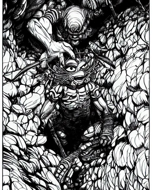 Image similar to An old pepe trapped in a cave, looking into a mirror, b&w, fantasy art, in the style of masami kurumada, illustration, epic, fantasy, intricate, hyper detailed, artstation, concept art, smooth, sharp focus, ray tracing
