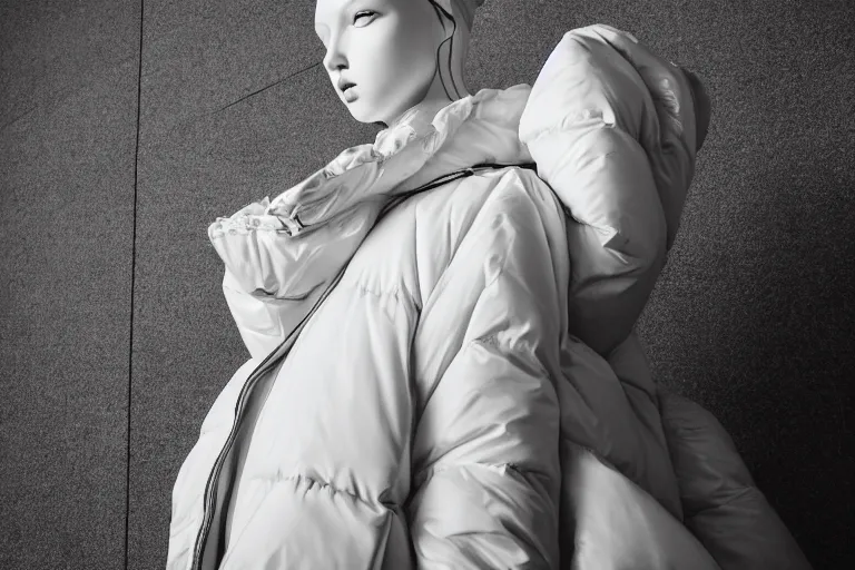 Image similar to well lit fashion shoot portrait of extremely beautiful female marble statue wearing huge over size puffer jacket by dingyun zhang, yeezy, balenciaga, vetements, a cold wall, sharp focus, clear, detailed,, cinematic, detailed, off white, glamourous, symmetrical, vogue, editorial, fashion, magazine shoot, glossy