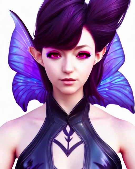 Prompt: 3 / 4 view of a woman with fairy wings, confident pose, pixie character, video game genshin impact, synthwave style, elegant, sharp focus, illustration, highly detailed, artgerm, anime, trending on artstation