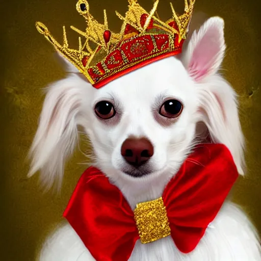 Image similar to long hair white chihuahua king wearing a red and gold crown cinematic composition, digital art, cute