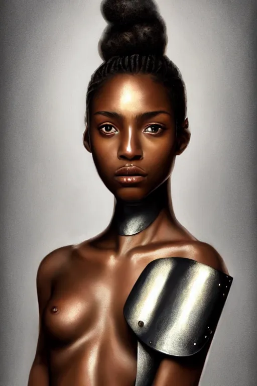 Prompt: a photorealistically painted portrait of an attractive young black girl, partially clothed in metal-plated battle armor, with an abstractly painted background, flawless skin, fair complexion, long dark hair, beautiful bone structure, perfectly symmetric facial features, perfect photorealistic eyes, natural physique, intricate, elegant, digital painting, concept art, finely detailed, beautifully illustrated, sharp focus, minimal artifacts, volumetric lighting, from DOOM and Halo, by Ruan Jia and Mandy Jurgens and Artgerm and William-Adolphe Bouguerea, in the style of Greg Rutkowski, trending on Artstation, award winning art