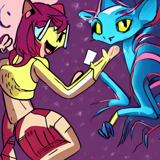 Image similar to magical cat lizard fight with robot cat girl, trending on art, anime