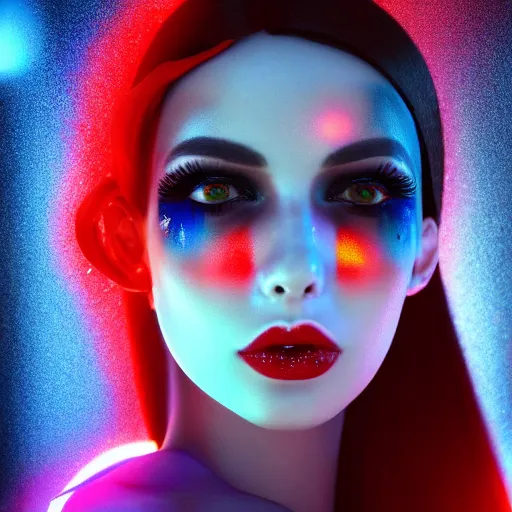 Image similar to A close-up of a beautiful girl with a surreal makeup reminding the swiss flag, octane render, bokeh, cyberpunk vibes, neons on the background