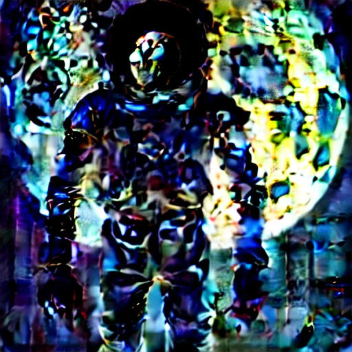 Image similar to full-body dark creepy baroque style oil painting realism a headless astronaut on the moon with futuristic elements. no head, empty helmet full-length view. standing on ancient altar eldritch energies lighting forming around disturbing frightening intricate artwork by caravaggio. Trending on artstation, cinematic lighting from the right, hyper realism, 8k, depth of field, 3D