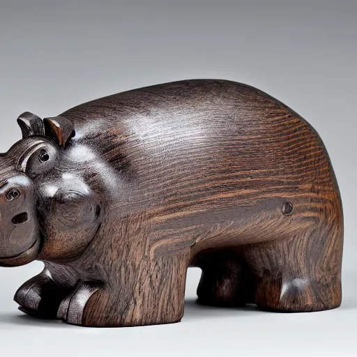 Image similar to wood block small hippo statue, wood blocks bottom hippo body, blue chrome top hippo body, by a genius craftsman, highly detailed, wood block legs made of polished wooden blocks