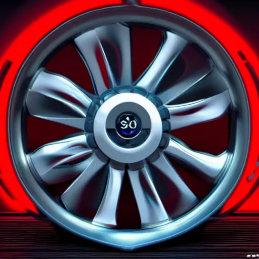 Image similar to futuristic sports car wheel rims designs by, syd mead, ralph mcquarrie, cyberpunk, neon, glowing, tech, cgi, realistic, rendered, sharp