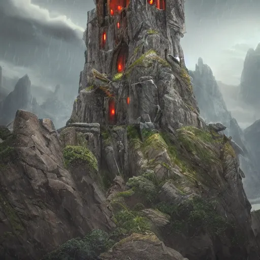 Image similar to A wizard's tower in a stormy mountain, symmetrical, intense, details, award winning, trending on ArtStation, no blur, volumetric lighting, dynamic scene, by Francisco Vaquero and Andrew Bosley