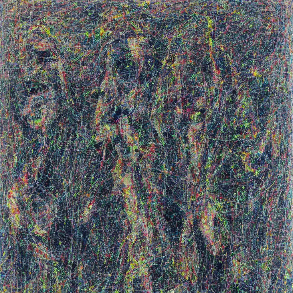 Image similar to two human figures next to each other, anxiety, smiling, abstract, maya bloch artwork, ivan plusch artwork, cryptic, lines, stipple, dots, abstract, geometry, splotch, concrete, color tearing, uranium, acrylic, neon, pitch bending, faceless people, dark, ominous, eerie, minimal, points, technical, painting