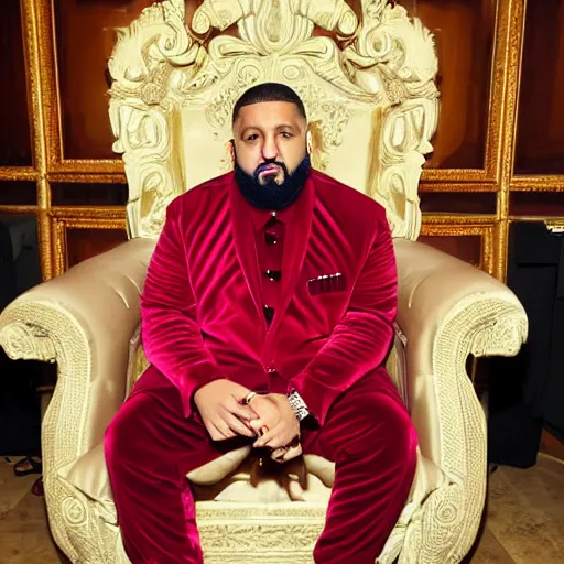 Image similar to DJ Khaled wearing a VR headset, sitting on an ornate red velvet throne