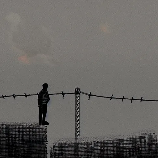 Image similar to a man standing in front of a high wire fence, by emiliano ponzi, dystopian art