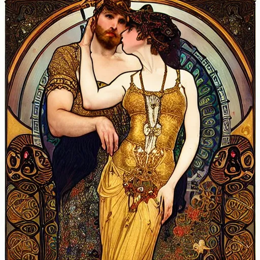 Image similar to realistic detailed dramatic symmetrical portrait of Adam and Eva as Salome dancing, wearing an elaborate jeweled gown, by Alphonse Mucha and Gustav Klimt, gilded details, intricate spirals, coiled realistic serpents, Neo-Gothic, gothic, Art Nouveau, ornate medieval religious icon, long dark flowing hair spreading around her
