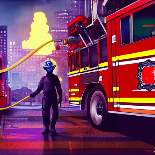 Prompt: cyberpunk spongebob as a firefighter in the city, cinematic, high definition, digital art,