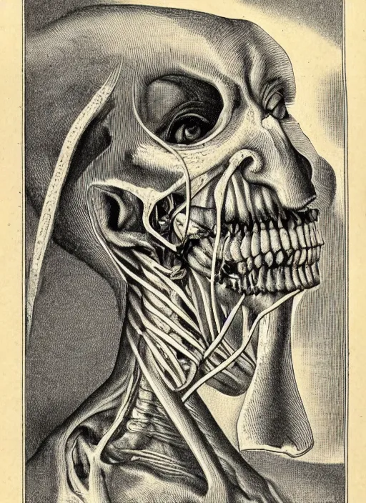 Image similar to vintage medical anatomical illustration of nosferatu head, highly detailed, labels, intricate writing