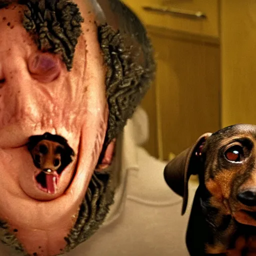 Image similar to creepy fat dachshund, practical fx horror film, body horror, cronenberg