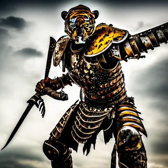 Image similar to photo of a warrior with metal tiger theme armour, 4 k, hdr, smooth, sharp focus, high resolution, award - winning photo