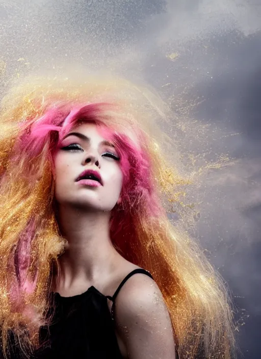Prompt: a dramatic lighting photo of a beautiful young woman with cotton candy hair. gold splashes. moody, melanchonic. with a little bit of gold and black