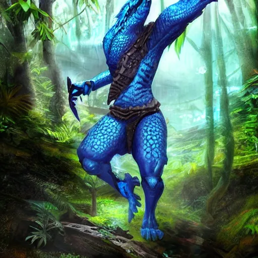 Image similar to A dragonborn with blue scales in a rainforest, trending on artstation, digital art
