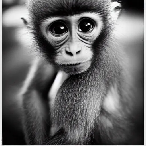 Prompt: cute baby monkey 35mm film photography, ILFORD XP2 Super