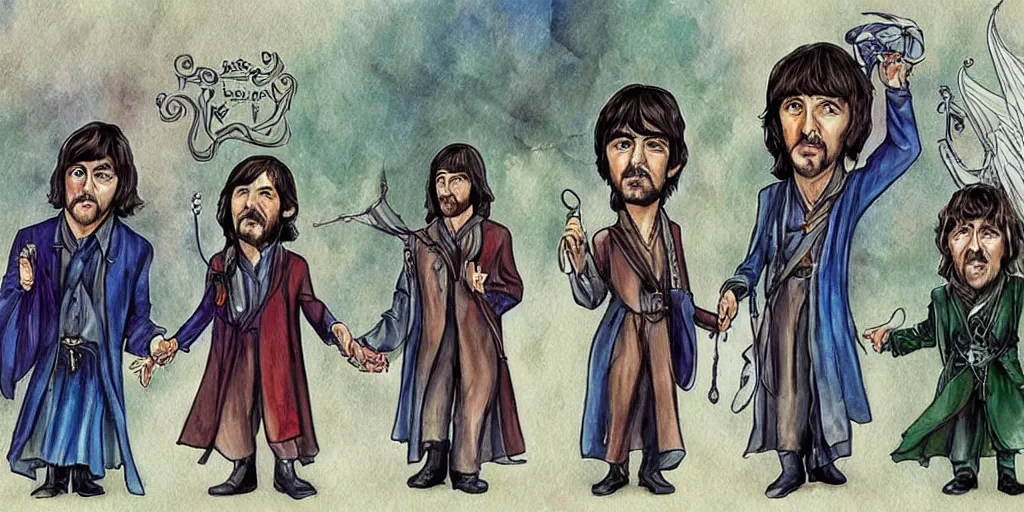 Image similar to the beatles in lord of the rings, fantasy art style