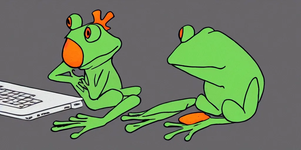 Image similar to peepo the frog lying on his bed with a laptop, crying as his heart breaks after reading an announcement on discord, sad lo-fi vibes, dramatic