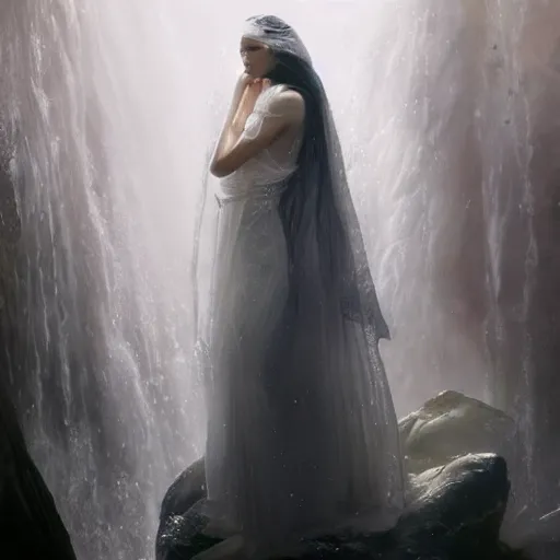 Image similar to beautiful Arab woman, white transparent veil black hair, bathing in a waterfall, ethereal, emotive, fine art, water mist, mystical, Romanticism, natural light, elegant, intricate, fantasy, atmospheric lighting, cinematic, matte painting, detailed face, by Greg Rutkowski