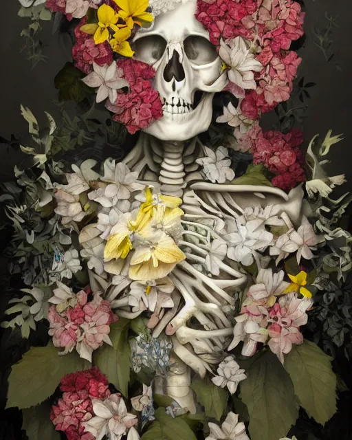 Prompt: a beautiful fine art portrait photo of skeleton, skull covered by hibiscus, daffodils, hydrangea, montsera leaves by tom bagshaw and zach sutton, very detailed, artstation, 8 k