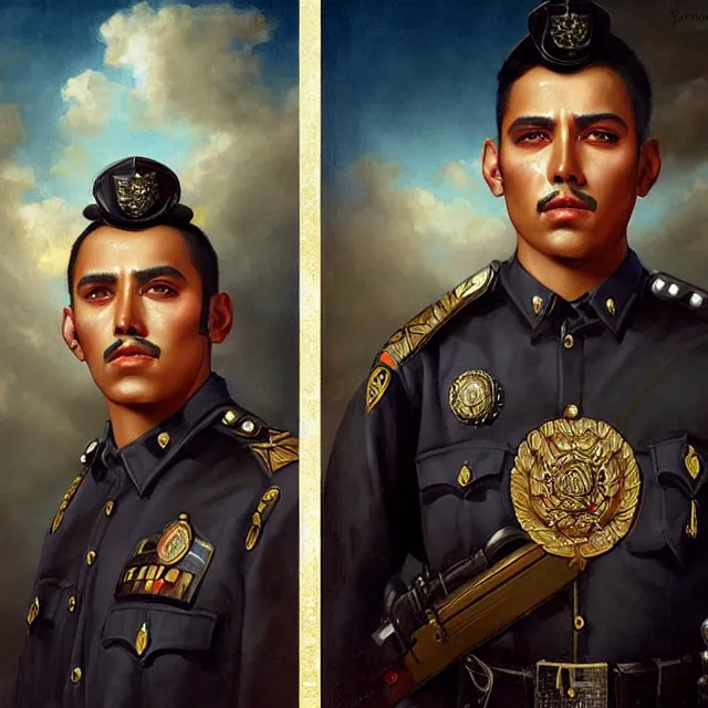 Image similar to portrait of a handsome mexican policeman, art by tom bagshaw and manuel sanjulian and franz xaver kosler