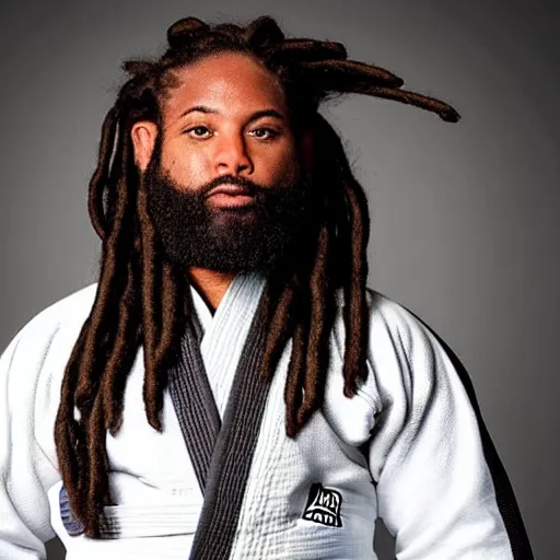 Image similar to photo of chubby black bjj athlete with long dreads posing