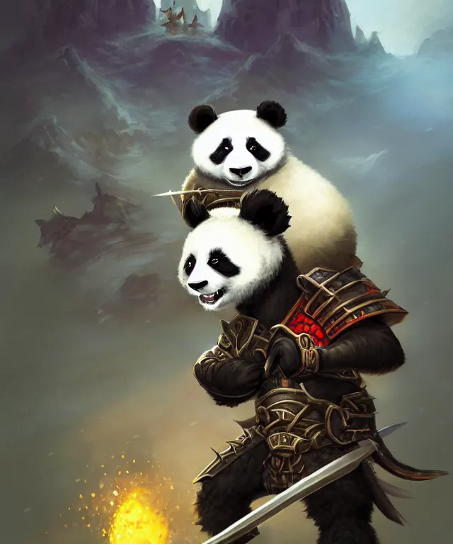 Prompt: a headshot of an anthropomorphic panda samurai, wearing armor with spiked shoulders, small mouse companion, landscape in background, dnd character art portrait, world of warcraft style, by peter mohrbacher, cinematic lighting