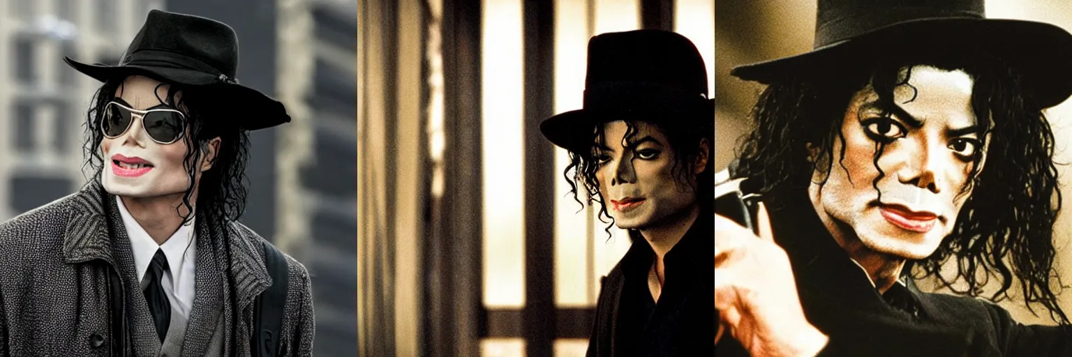 Prompt: close-up of Michael Jackson as a detective in a movie directed by Christopher Nolan, movie still frame, promotional image, imax 70 mm footage