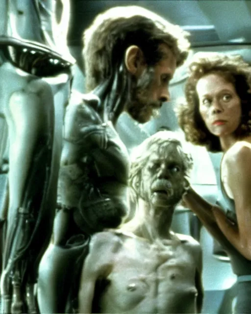 Prompt: a film still from alien ( 1 9 7 9 ) starring sigourney weaver, tom skerrit, ian holm, john hurt, yaphet koto, veronica cartwright,