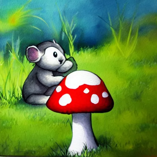 Image similar to a professional water painting of a cute creature sitting next to a mushroom, detailed