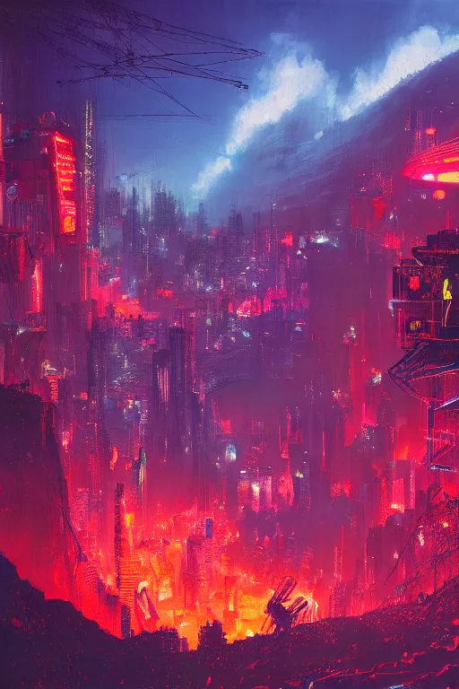 Image similar to a cyberpunk city in the crater of a volcano, lava flowing, smoke, fire, neon, clubs, festival, lasers, industrial, by paul lehr, jesper ejsing