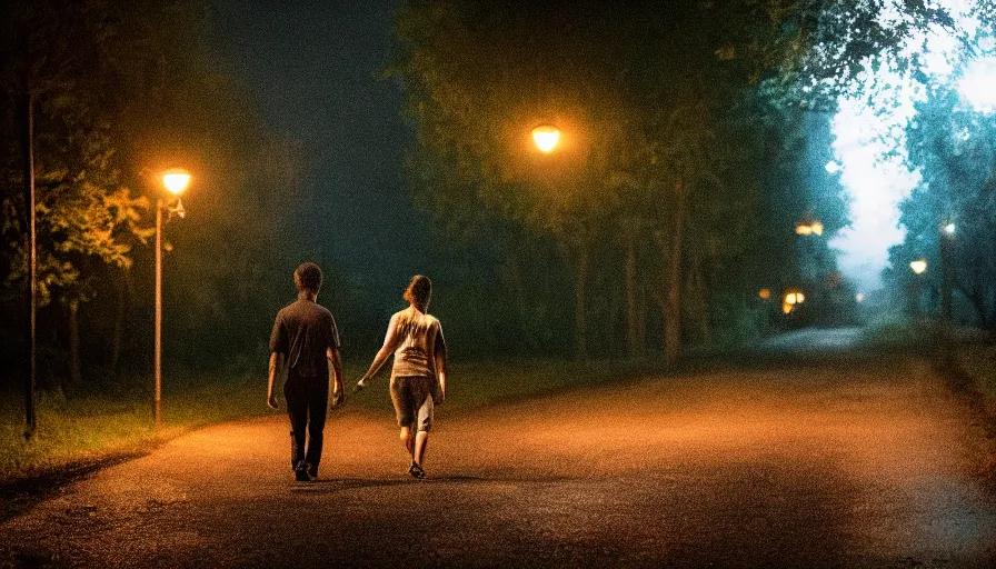 Image similar to a couple walking in the middle of fireflies in a poor neighbourhood, cinematic lighting, wow, establishing shot