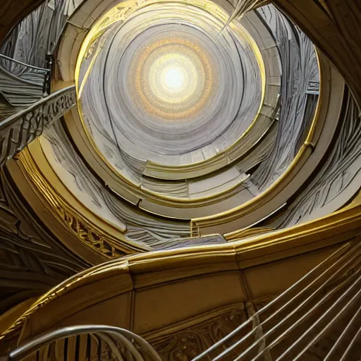 Image similar to big spiral stairways to heaven, inhabited on many levels, flying birds, shining light, strong perspective, clear geometry, architecture, glowing halo, fantasy, intricate, elegant, highly detailed, digital painting, artstation, concept art, smooth, sharp focus, art by anthony macbain + greg rutkowski + alphonse mucha, concept art, 4k, sharp focus, cinematic unreal engine