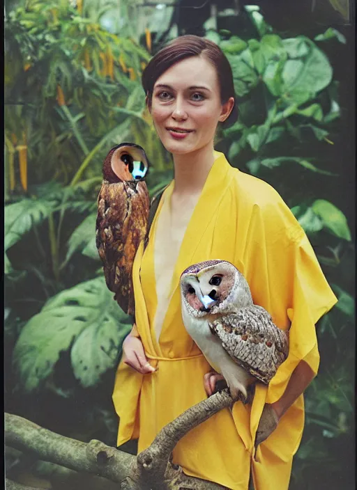 Image similar to grainy head to shoulder portrait Polaroid film photograph of an elegant top model wearing a yellow kimono with a very detailed barn owl on her shoulder!!! in a tropical greenhouse. looking at the camera!!. super resolution. Extremely detailed. Polaroid 600 film. art by Rineke Dijkstraand Annie Leibovitz.