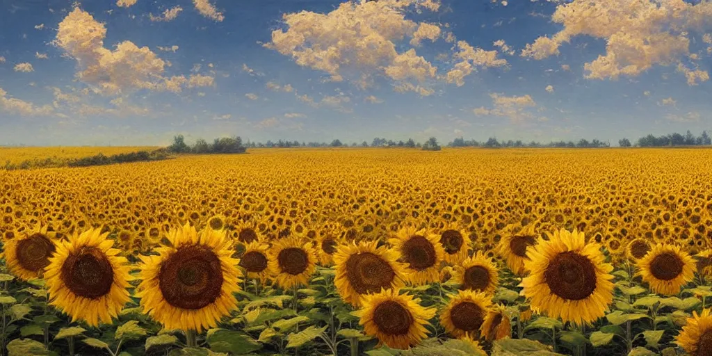 Image similar to Hyper realistic oil painting of an endless sunflower field, high contrast, deep and bright colors, blue skies, cinematic, by greg rutkowski