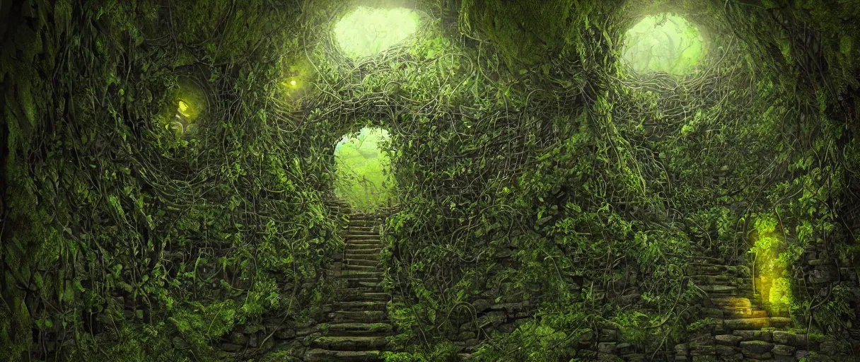 Prompt: a first person perspective shot looking up a stone staircase leading to an ancient stone archway that leads to an aaahh!!! Real monsters dimension covered in vines and emanating glowing yellow green light by James Gurney and beeple | Tim White:.3 | unreal engine