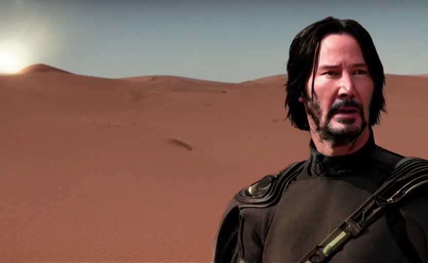 Prompt: Keanu Reeves! in Dune 2021, Cinematic Lighting, Movie Screenshot, Still, 4k, Movie Scene