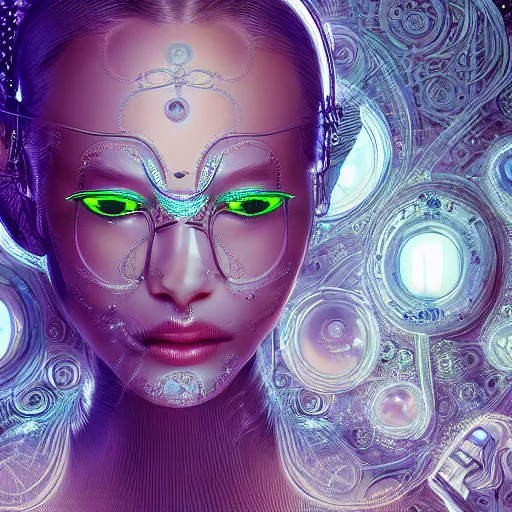 Prompt: beautifull woman integrating with technology, full face, detailed intricate ornate cables connected to head, big open electric eyes, luxurious detailed abundent wiring and implants, sci-fi, neon, emeralds, detailed technology full background, highly detailed, Rene Lalique and Eddie Mendoza