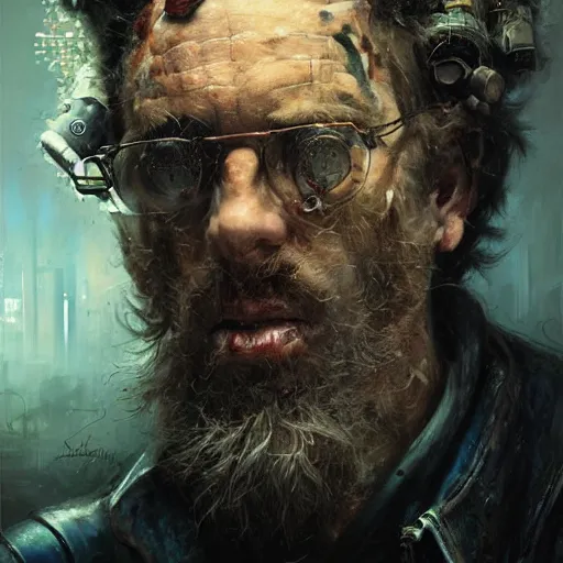 Prompt: henry dorsett case, middleaged shaggy cyborg, heavily augmented, smoker, hacker, cyberpunk, painted by seb mckinnon, high detail, dramatic light, digital art, painted by greg rutkowski, promotional movie posterart, trending on artstation