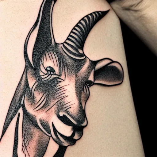 Image similar to a detailed tattoo outline of a goat !with a churro in its mouth!, 4k, illustration, sharp focus