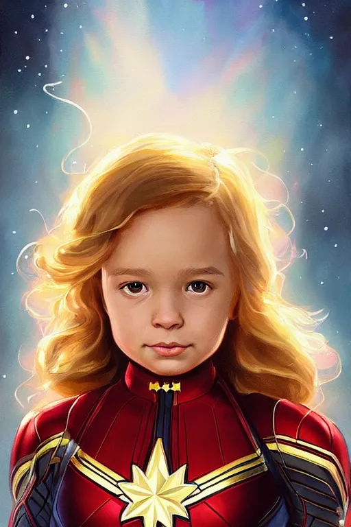 Prompt: a little girl with a michievous face and wavy curly light brown hair. she is dressed as captain marvel, a superhero. clean elegant painting, beautiful detailed face. by artgerm and greg rutkowski